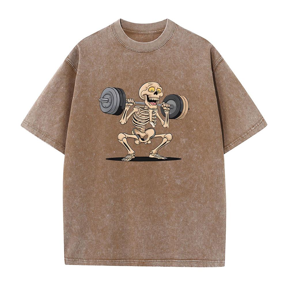 Mens Retro Distressed Washed TShirt With Fun Weightlifting Skull Print Fashionable Pure Cotton Short Sleeve Street Style Top