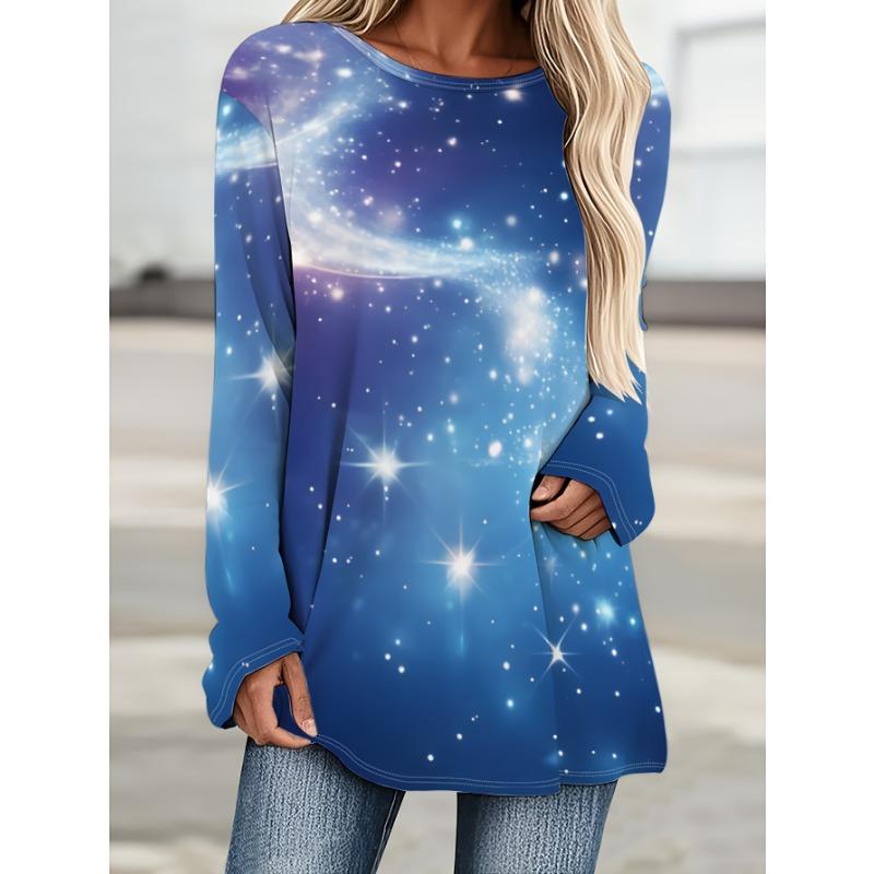 Fashionable Starry Tie Dye Gradient Print Casual Round Neck Long Sleeved T-shirt Casual Long T-shirt Top