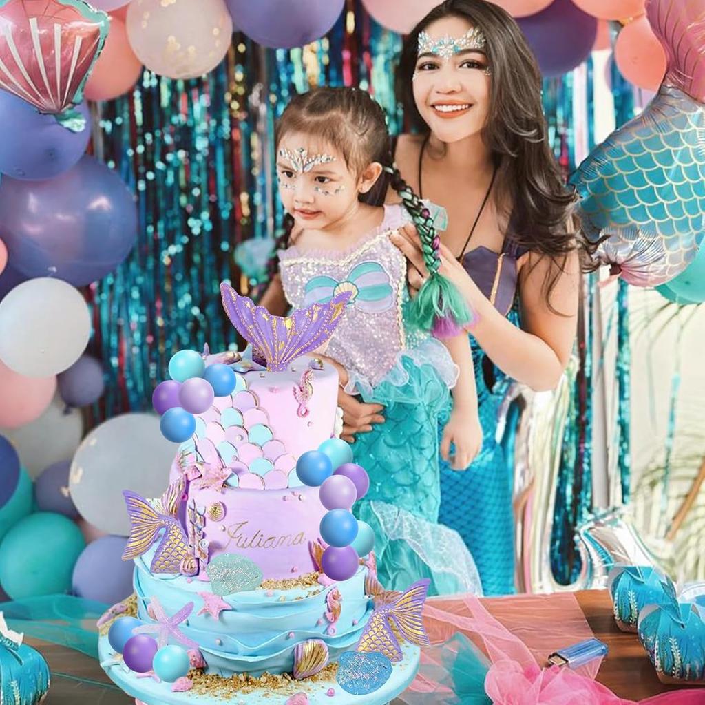 Mermaid Cake Topper 26Pcs Under The Sea Cake Decors Seashell Mermaid Tail Cake Decoration for Ocean Theme Party Supplies
