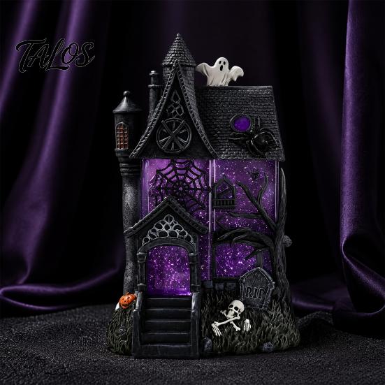 Durable Resin Craft for Halloween Gothic Glitter Village Decoration, Haunted House Figurine with Purple Ornament Holiday Lovers Windows, Spooky