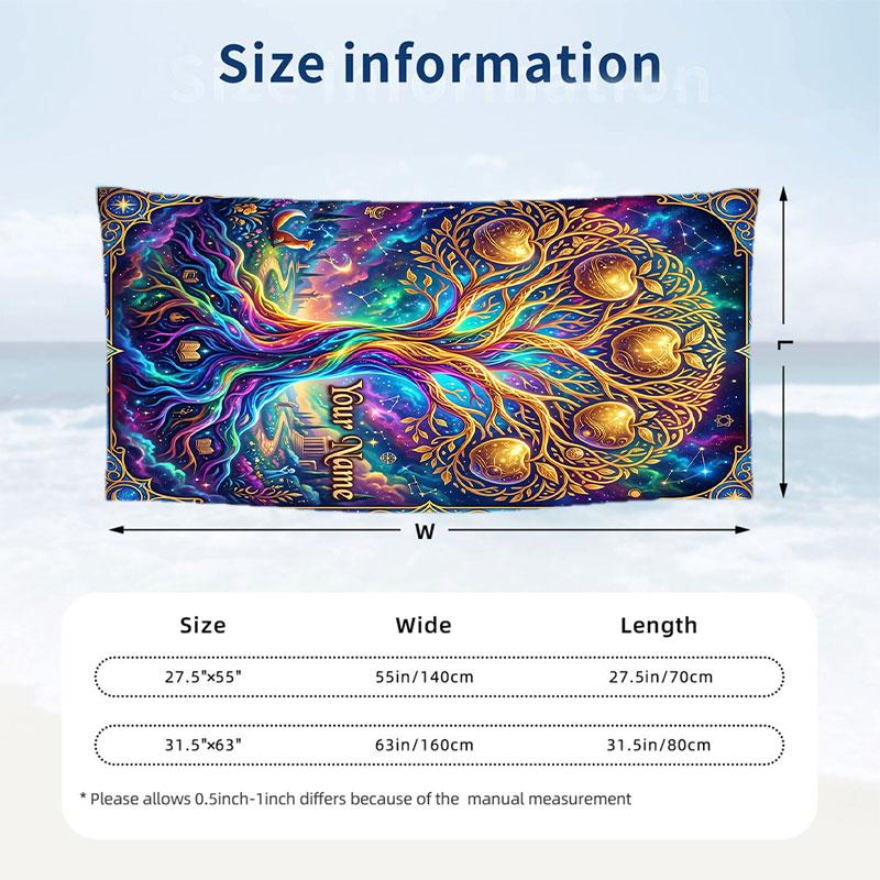 Tree Life Celestial Harmony Theme Quick Dry Beach Towel Custom Name Text Print Large Sand Resistant Towel Beach Vacation