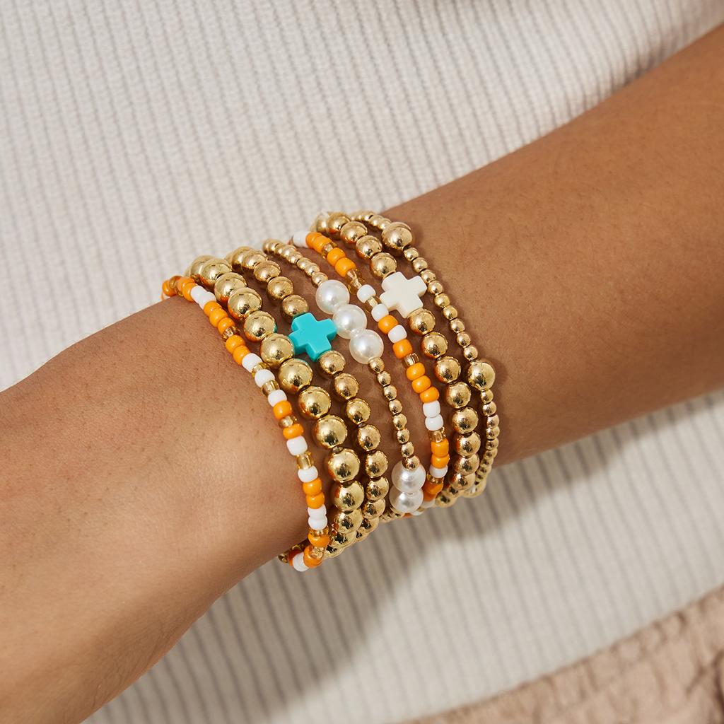 Bohemian Imitation Pearl Rice Bead Beaded Bracelet, Personalized Acrylic Cross Elastic Bracelet.