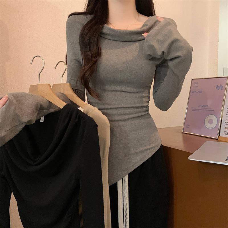 Irregular one-word shoulder solid color long-sleeved shirt women's season bottoming shirt slim-fit Spice Girl waist cotton top