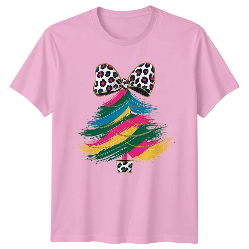 Colorful Christmas Tree Leopard Print Bow Holidays Unisexs Unisexs Graphic Tee