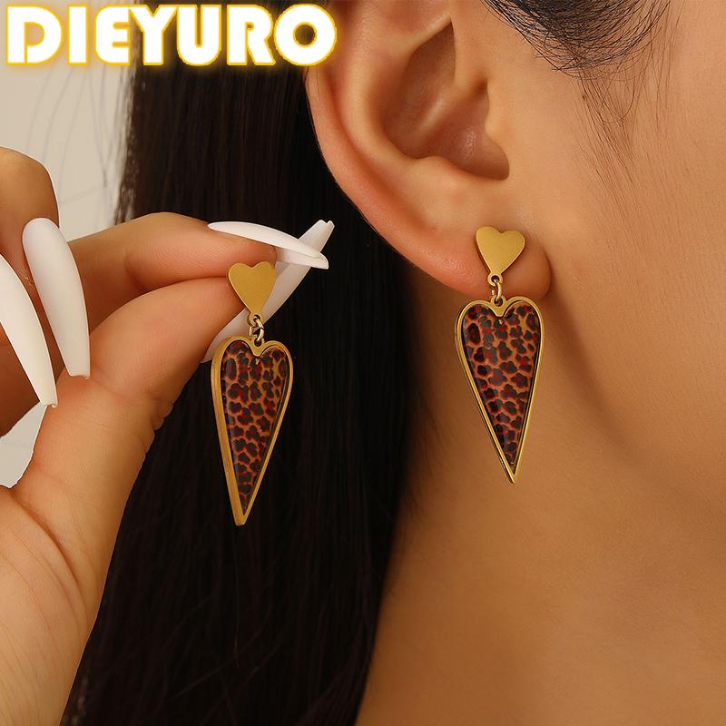 DIEYURO 316L Stainless Steel Golden Vintage Oil Dripping Leopard Print Exaggerated Heart Earrings Lady Trend Ear Studs Jewelry
