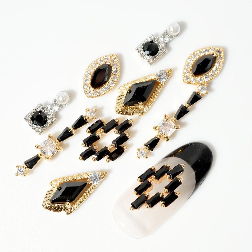 SONAIL Halloween Witch Noir Nail Art Parts & Stickers Set, 11-Piece Black Crystal Nail Decorations, 18K Gold Plated AAA Zirconia