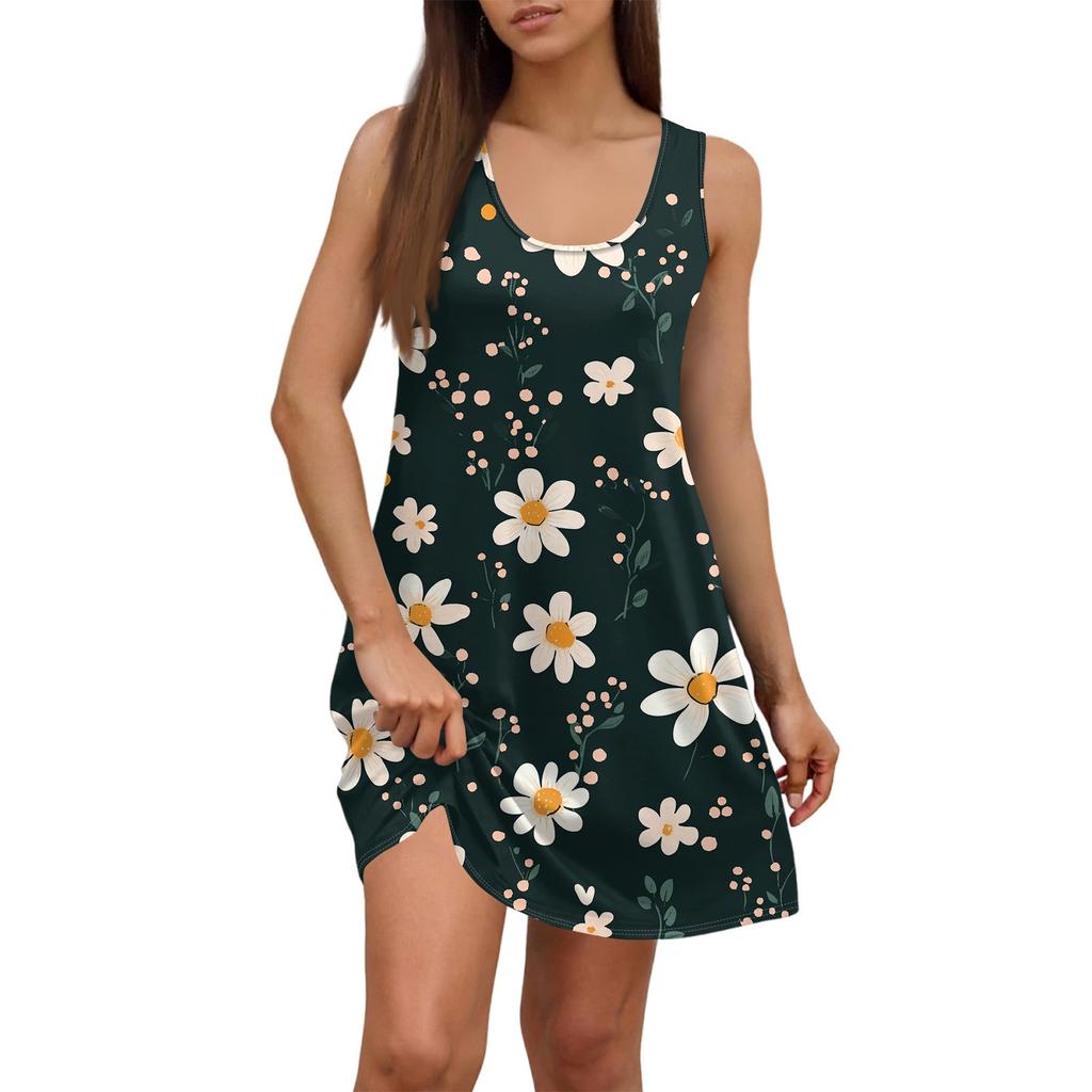 Damen Sommerkleid, lässig, quadratischer Ausschnitt, Blumendruck, ärmellos, mit Taschen