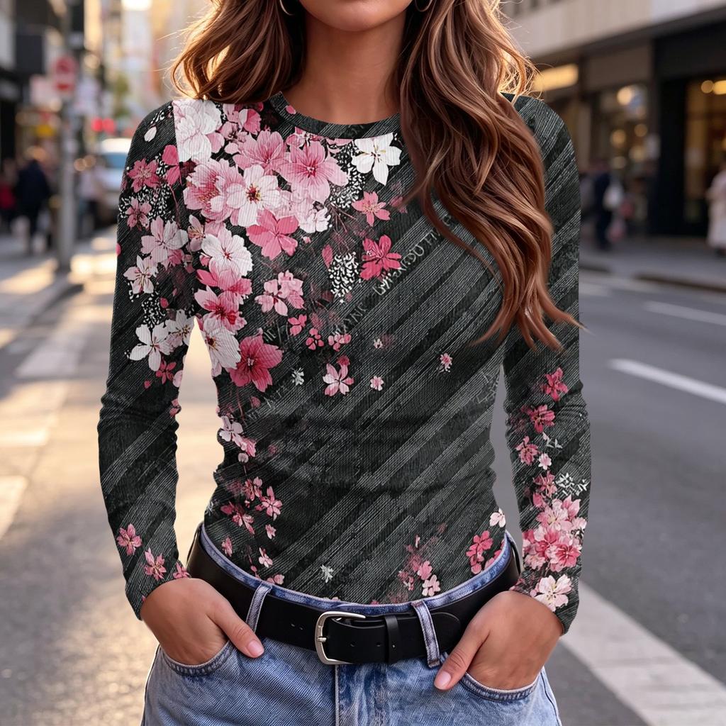 Women's Slim Fit Floral Long Sleeve Round Neck T-Shirt for Spring and Fall Everyday Wear