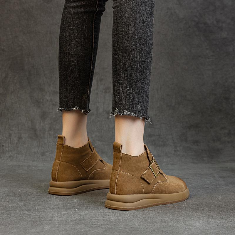 Women's Thick Soled Non Slip Casual Artistic High Top Women's Leather Shoes Autumn and Winter New Addition Velvet Short Boots
