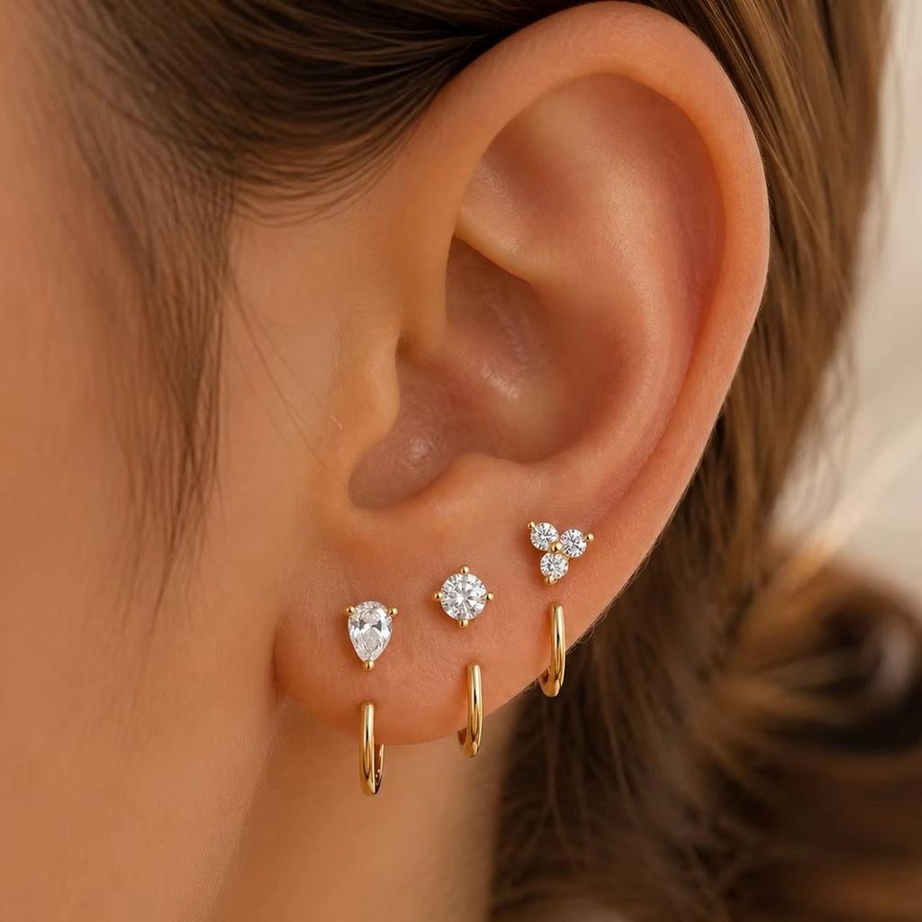 3Pcs Gold Plated C Shape Hook Earrings For Women Crystal Zircon Copper Cartilage Ear Piercing Earring Daily Wear Party Jewelry
