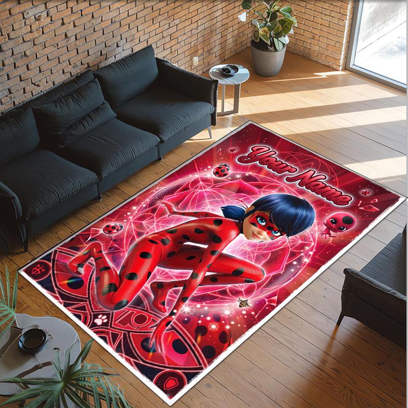 Alfombra de Terciopelo de Cristal Personalizada con Nombre y Texto, Alfombra de Área Antideslizante Miraculous Ladybug Para Decoración del Hogar