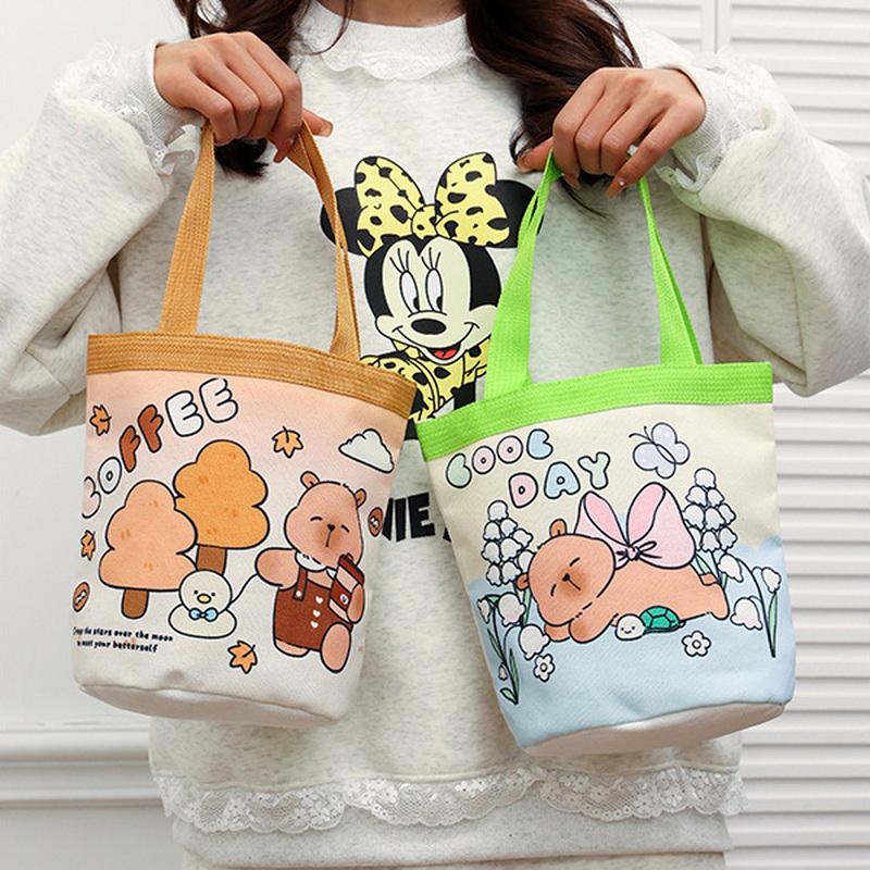 1Pc Large Capacity Capybara Canvas Bags Cartoon Patterns Lightweight Student Document Bag Shopping Bag Cute Casual Handbag