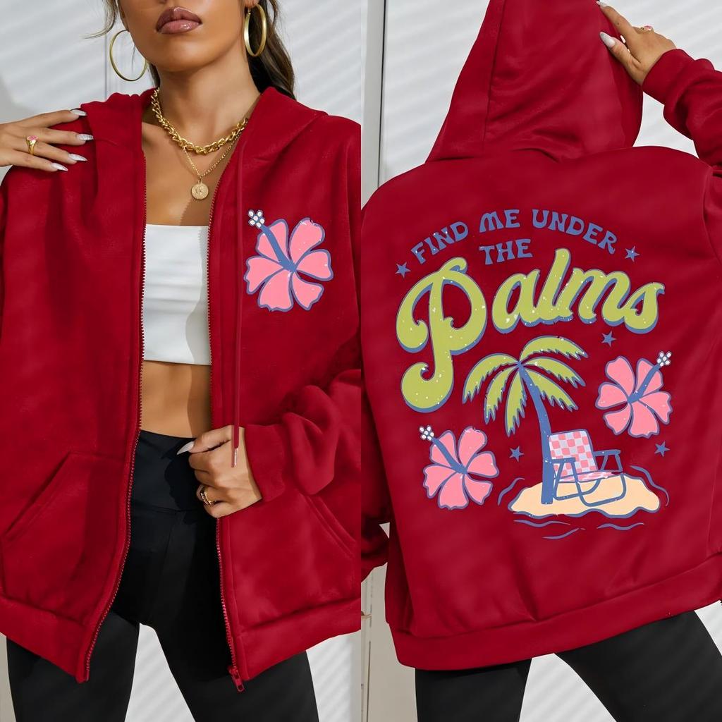 Find Me Under The Palms Beach Coconut Trees Design Zipper Hoody Women Y2K Loose Hoodie Fleece Pocket Clothes Hoodies