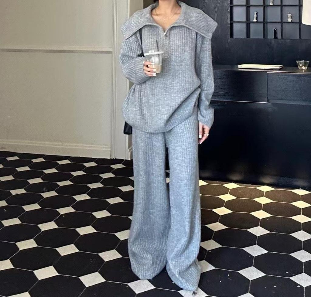 Autumn Winter Cross-Stitch Knitwear: Soft Sweater with Large Lapel & Wide-Leg Pants - Women's Casual Loose Two-Piece Set