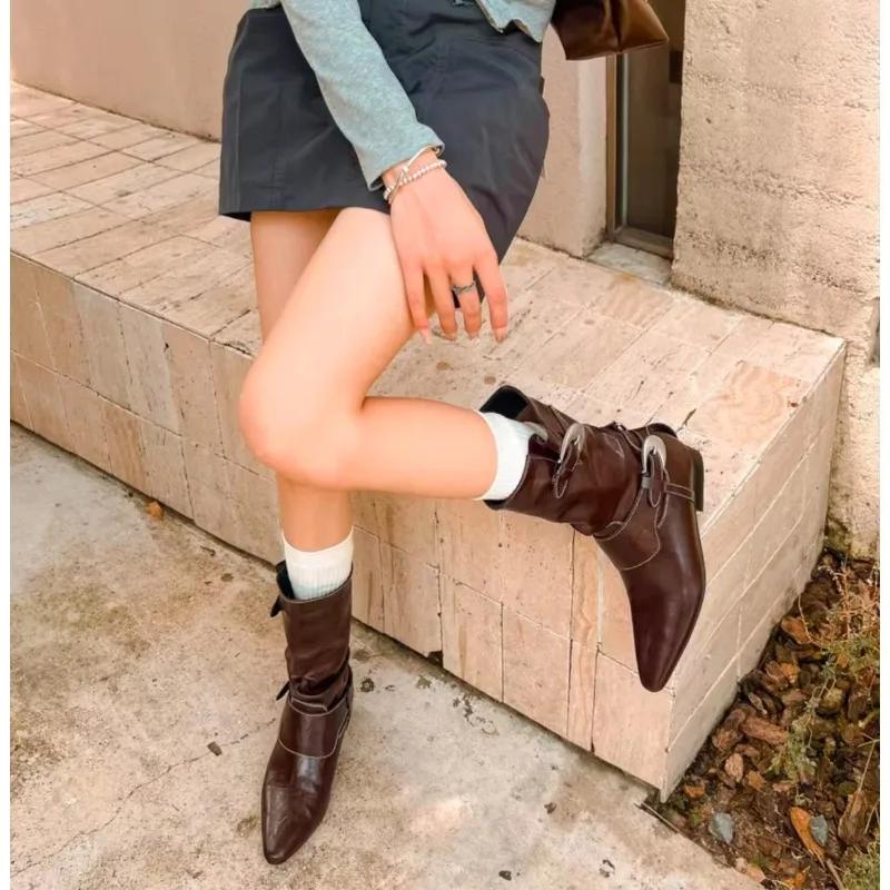 New Style Luxury Pleated Buckle Knight Boots for Women Autumn Brown Leather Mid Calf Boots Woman Slip-On Thick Heel Riding Boots