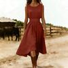 Sleeveless Midi Dress for Women Crew Neck Casual Fit and Flare Solid A Line Dress with Elastic Waist for Daily Wear