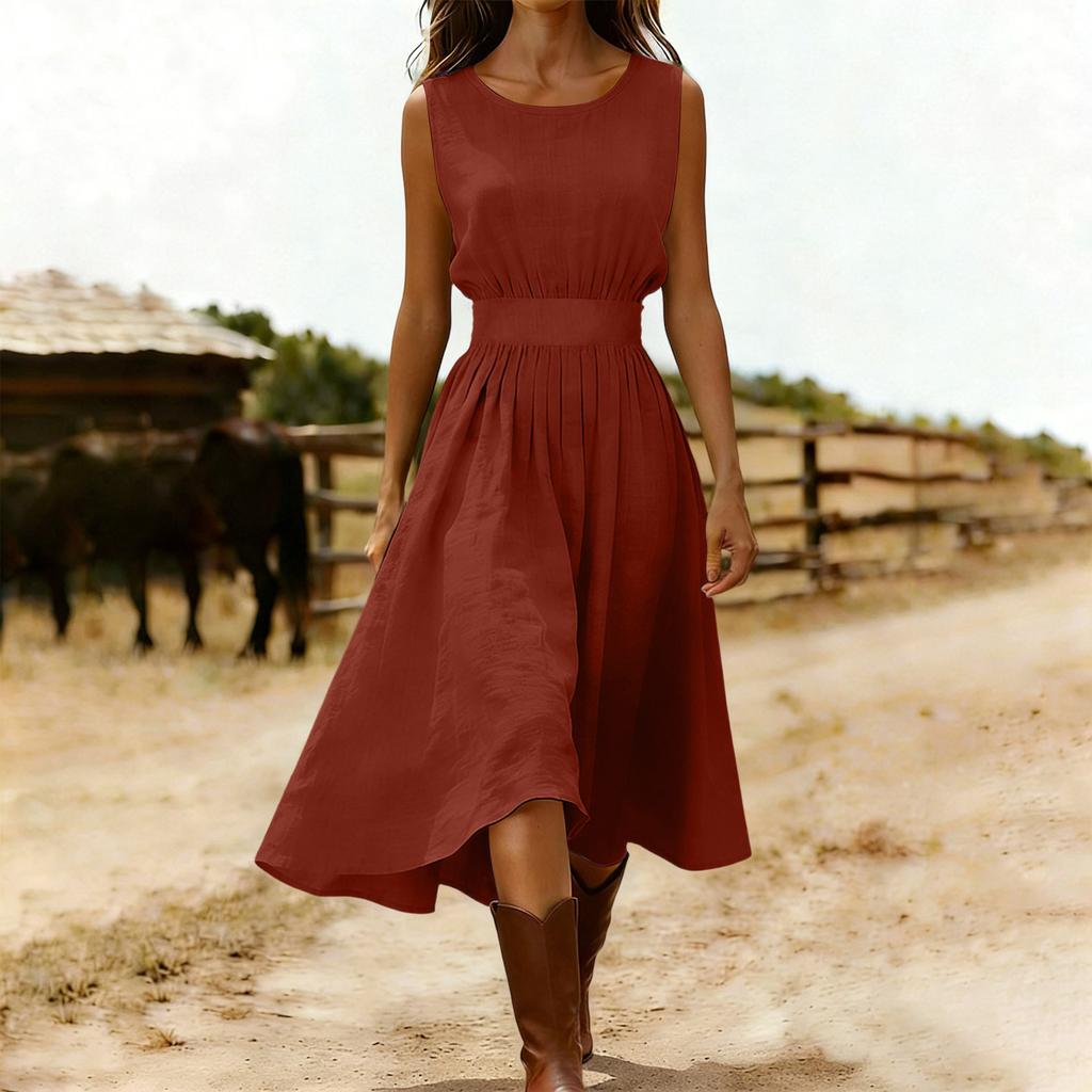 Sleeveless Midi Dress for Women Crew Neck Casual Fit and Flare Solid A Line Dress with Elastic Waist for Daily Wear