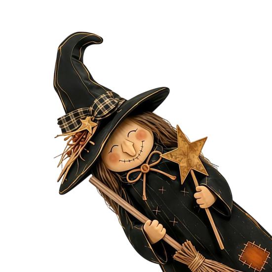 Spooky Halloween Party Table Centerpieces Wooden Witch Ornament, Retro Figurine with Broom/Pumpkin/Black Hand Painted Black Cat Cat, Creative Tabletop
