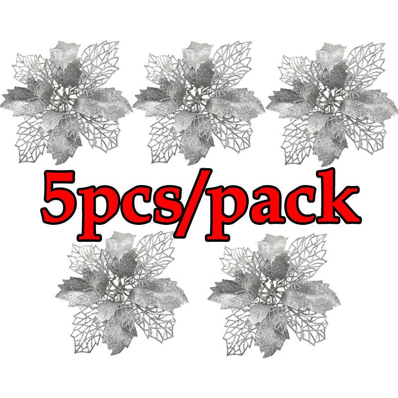 

(5pcs/pack) 15cm Artificial Christmas Tree Flower Glitter Decorations Xmas Ornaments New Year Gift Wedding Party Decor серебряный