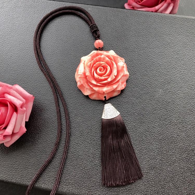 Ethnic Style Retro Romantic Pink Shell Fringed Necklace, Female Long Versatile Handmade Sweater Chain Shell Pendant Accessories