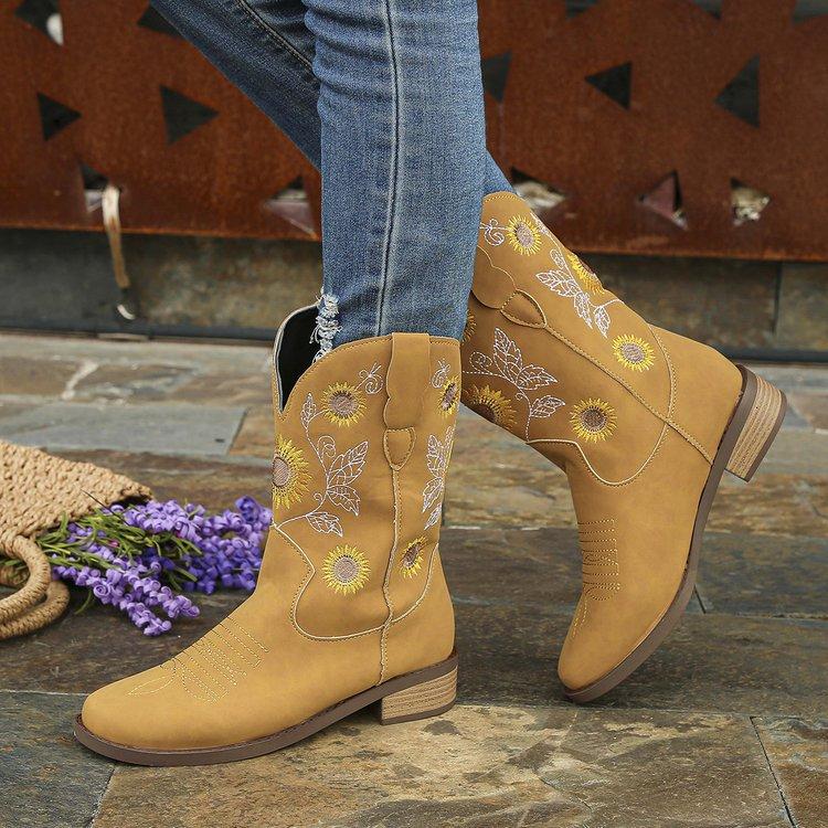 Embroidered Cowboy Boots for Women Western Cowgirl Round Toe Boots Chunky Heel Pull On Dress Mid-calf Boots Women's Low Block Heeled Short Booties