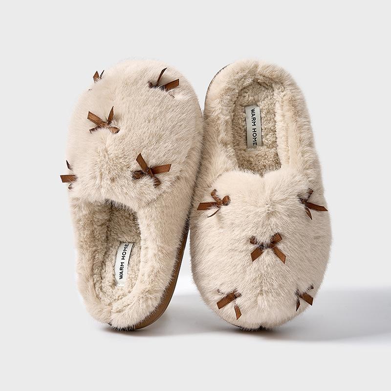 Women Indoor Fluffy Slippers Warm Faux Fur Bow Knot Female Winter Cotton Shoes Soft Plush Girls Home House Floor Slipper