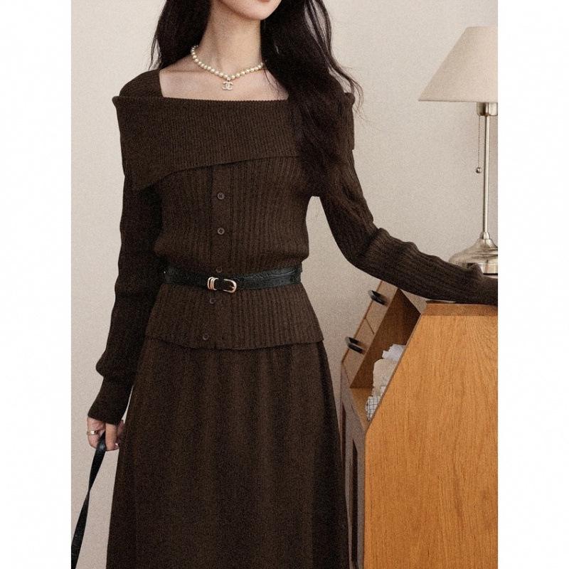Elegant One-Shoulder Knit Suit Skirt - 2025 Two-Piece Date Outfit