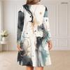 Women Plus Size V Neck Long Sleeve Printed Dress White Black Gray Beige Curved Hem