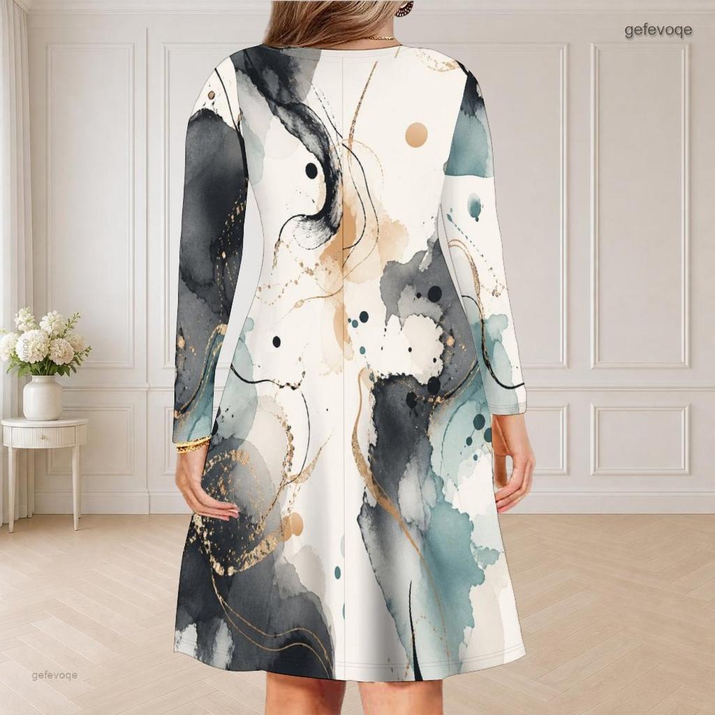 Women Plus Size V Neck Long Sleeve Printed Dress White Black Gray Beige Curved Hem