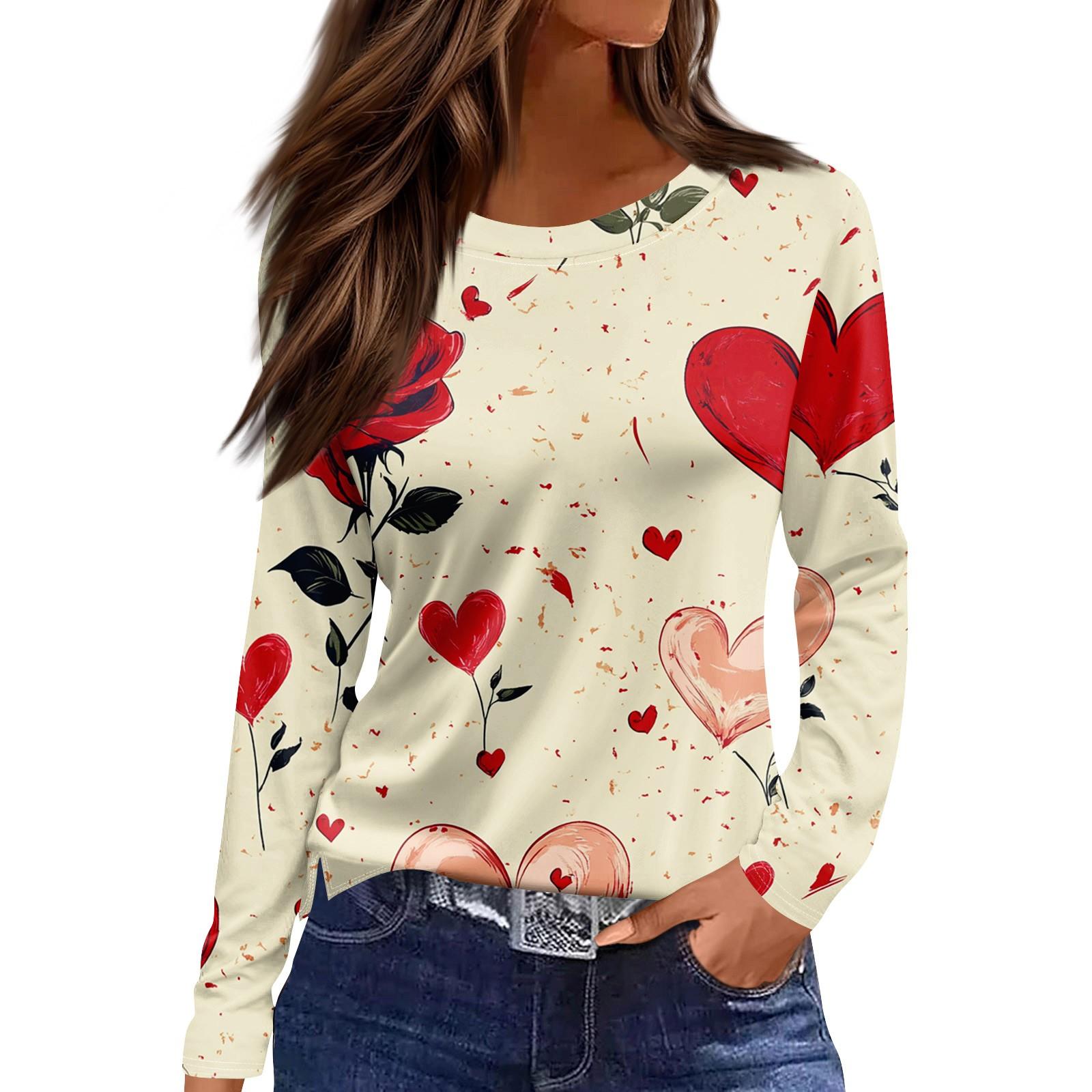 

Женская модная повседневная футболка с разрезом и круглым вырезом, длинным рукавом и принтом ко Дню святого Валентина, женский топ L бежевый