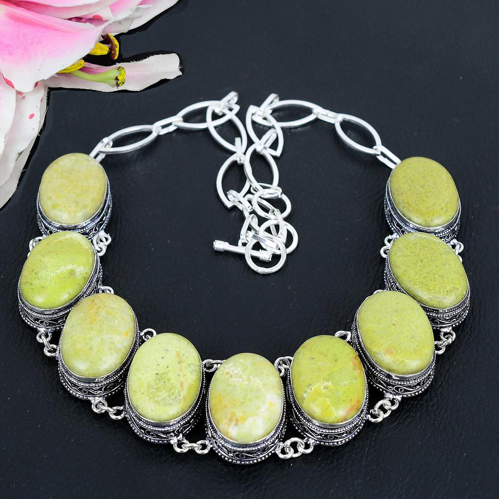 Swiss Green Opal Gemstone Handmade 925 Sterling Silver Jewelry Necklace 18" KG-1654