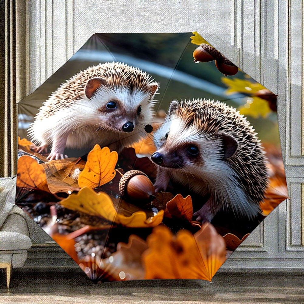 

Automatic Folding Umbrella with Two Hedgehogs & Autumn Leaves Design - Portable Collapsible 8-Rib Durable Canopy, Stylish Outd Iron&8K
