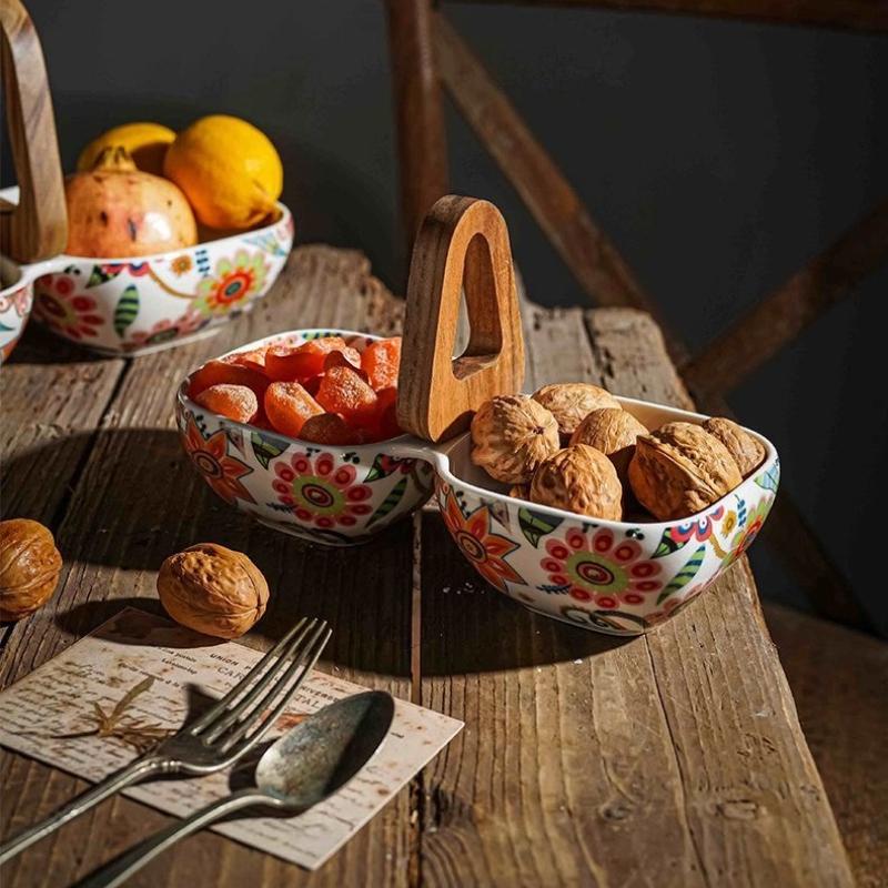Creative Double Ceramic Fruit Bowl with Handle – Floral Design Snack Serving Tray