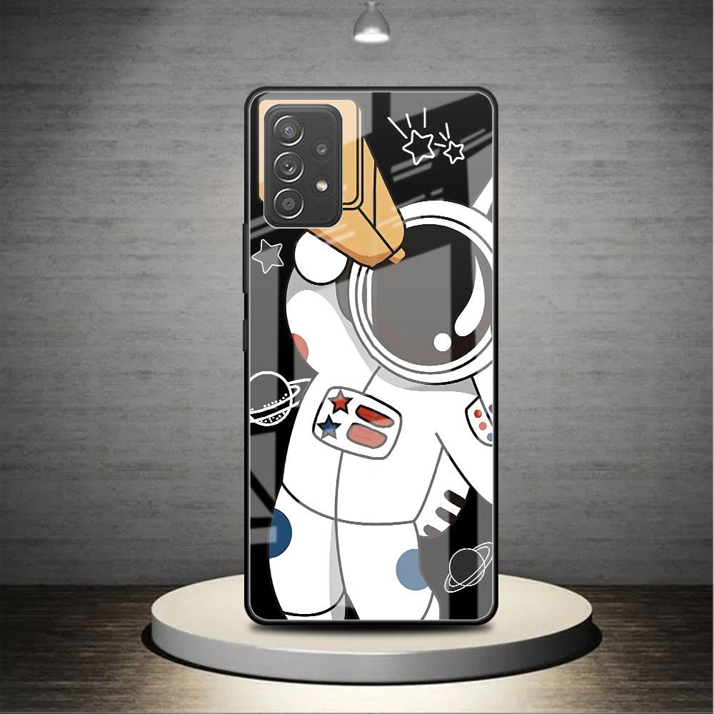 Cute Astronaut Glass Case For Samsung Galaxy A52 A71 A50 A51 A70 A21s A31 A72 A10 A12 A30 A22 5G Phone Cover