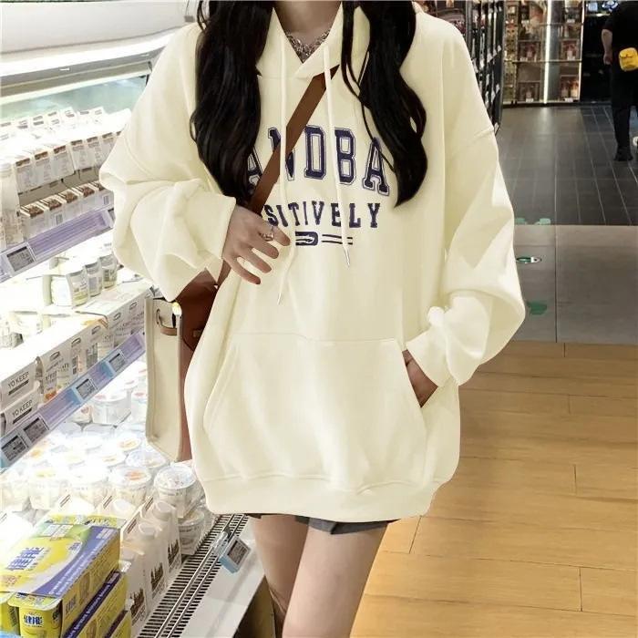 Spring Student Printing Loose Warm Fleece Thickened Hooded Sweater Wholesale for Women