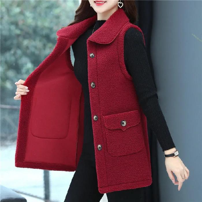 Women's Fall Sleeveless Vest Jacket, Mid-Aged and Elderly Sweatshirt, Solid-Color Pocketed Collared Vest for Middle-Aged Moms