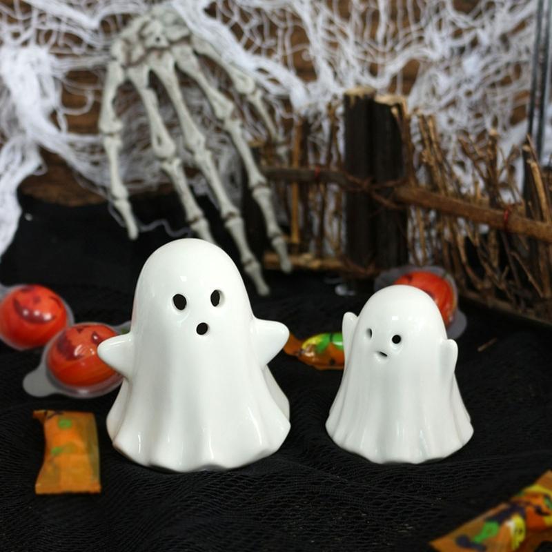 2Pcs Halloween Ceramic Ghostly Figurines With Soft Glows Night Light Handcrafted Holiday Decoration for Bedroom Party Decoration Collectibles