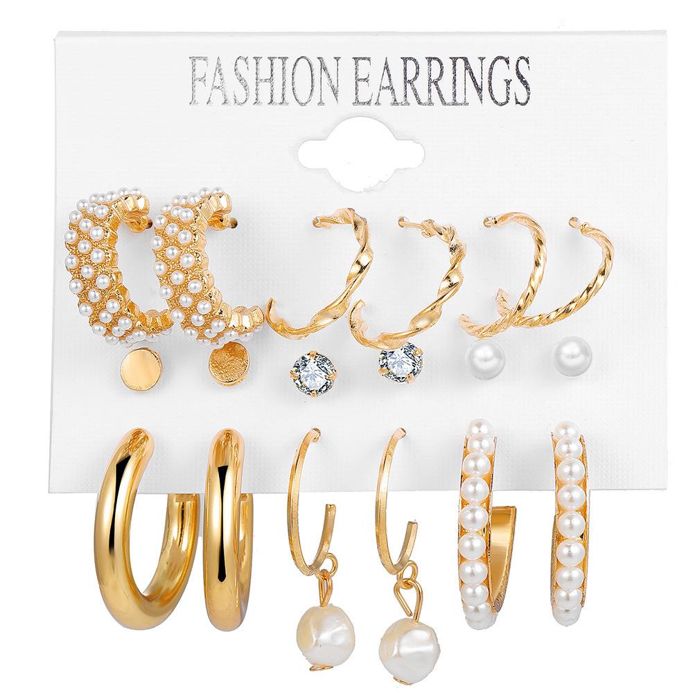 European and American Inlaid Pearl Women's Earrings Creative French Retro Gold Earrings Set 9-piece Set