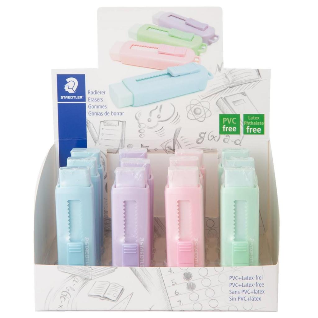 Staedtler Erasers, Pastel Colors, PVC Holder Type, 12-Pack, 525 PS1P-1*12