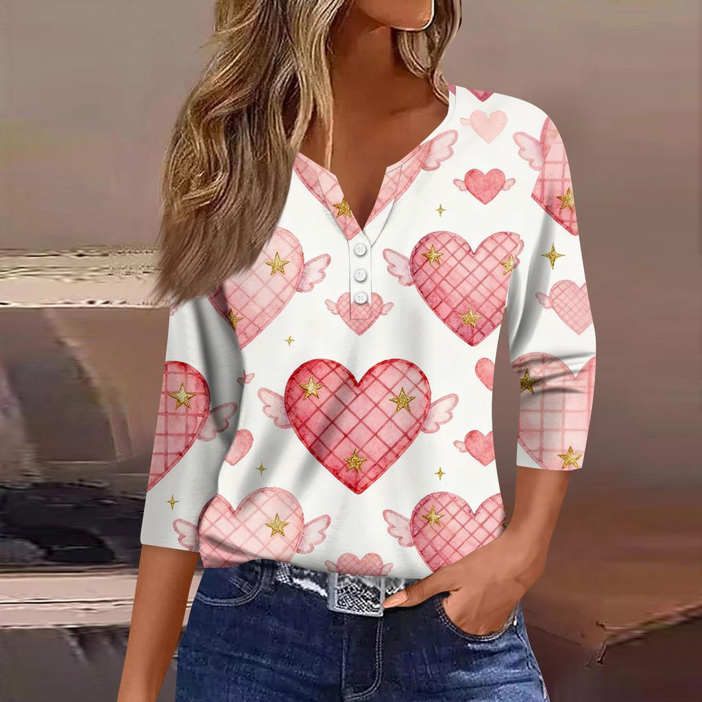 Women's Fashion Button-Up V-Neck Three-Quarter Sleeve Valentine's Day Print Top
