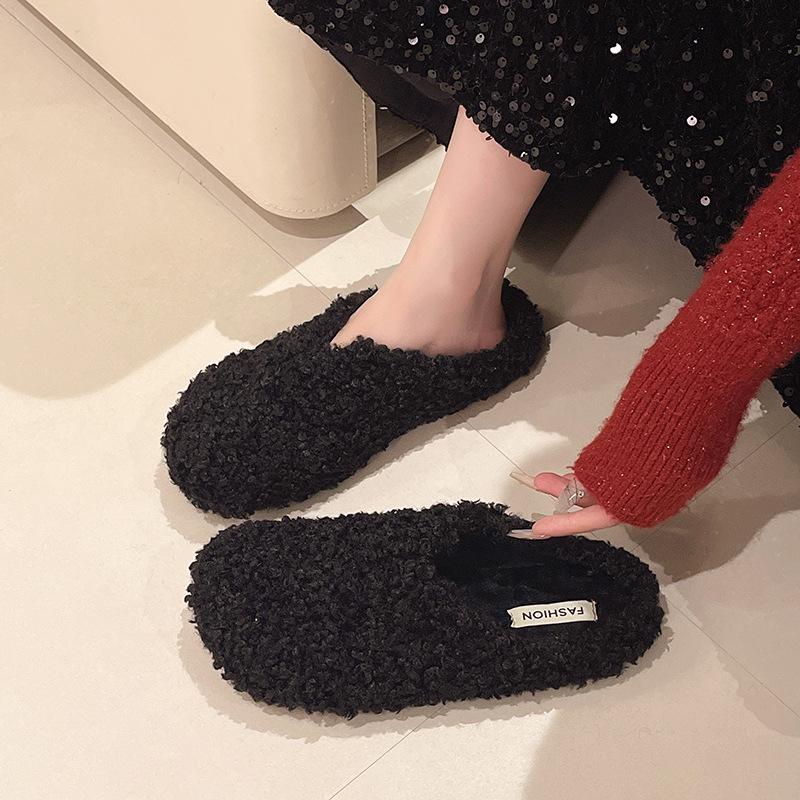 Autumn and Winter Simple Lazy Bag Head Wool Shoes Lamb Wool Lazy Half Drag Warm Outer Flat Slippers