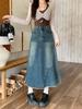 2026 Spring Plus Size A-line Denim Skirt with Retro Frayed Hem, High Waist, Mid-Length, Loose Fit.