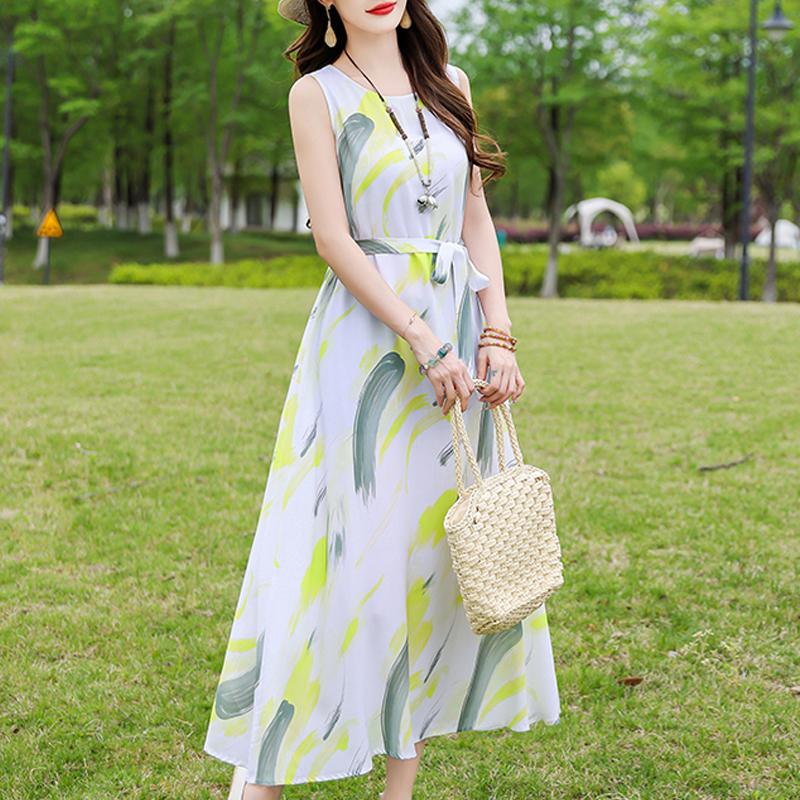 Casual Summer Dresses for Women Vintage Clothes Loose Sleeveless Plus Size Elegant Long Dress With Belt