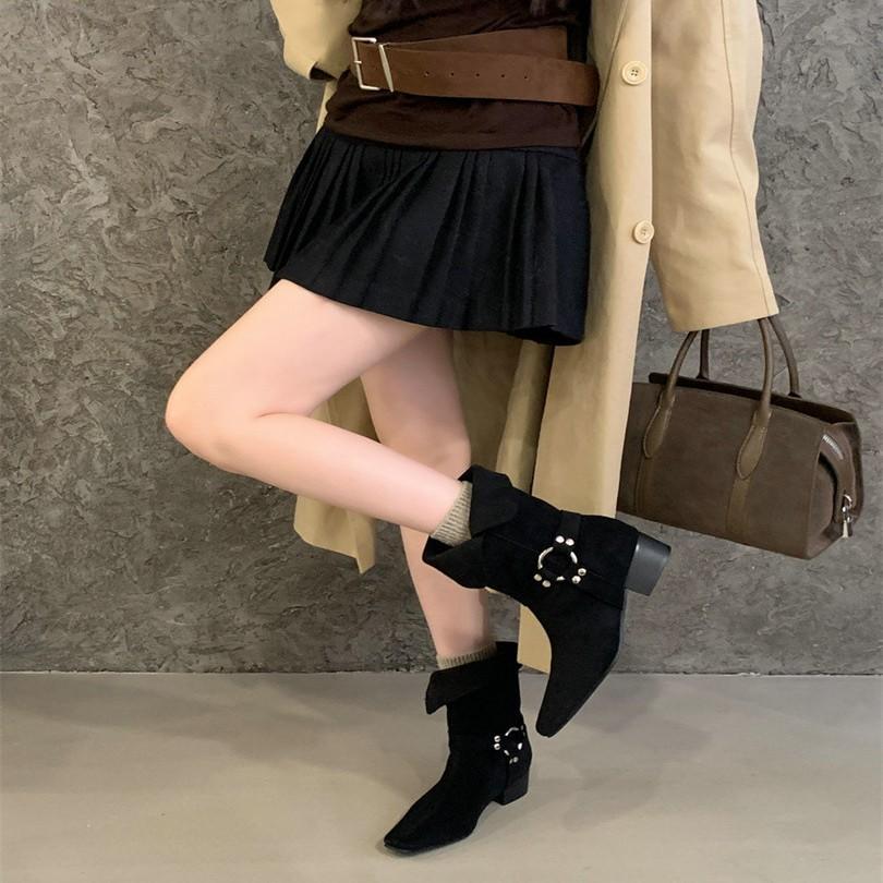 2025 autumn new French retro low heel square head two wear lapel western cowboy boots women's fashion belt buckle