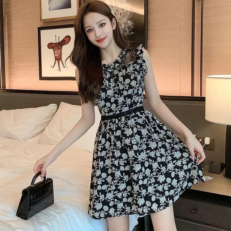 Petite Sleeveless Floral Print Dress - Summer 2026 Fairy Style, Short Slimming Flattering Little Black Dress for Women Small