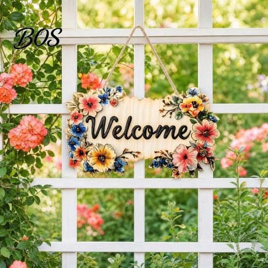 High-quality Wood Sign Floral Wooden Welcome Sign, Front Door Ornaments, Flower Hanging Colorful for Summer Farmhouse Home Coffee Shop Window
