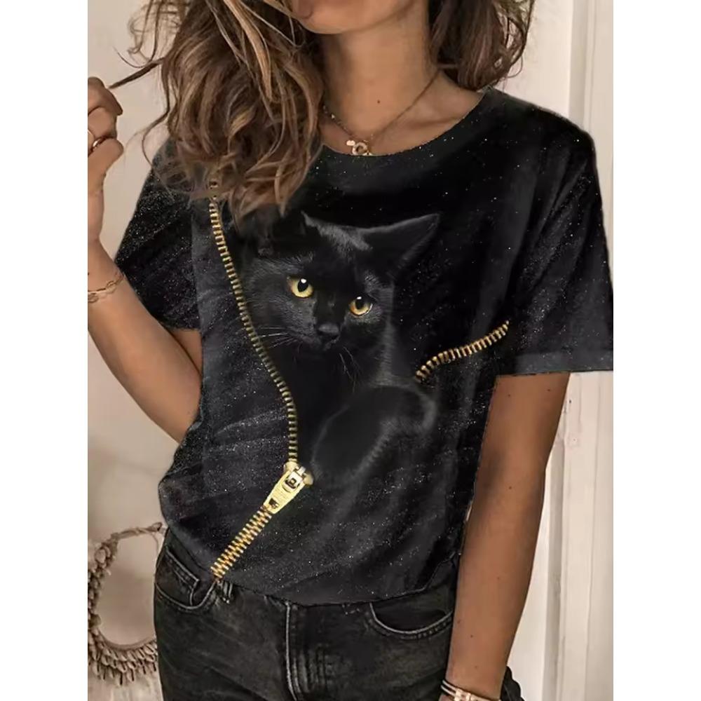 Ladies Summer Fun Cat Printed Large Loose Casual T-shirt Fashionable Comfortable Soft Breathable Short Sleeved T-shirt