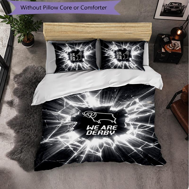 Derby County Football 3-teiliges Bettwäsche-Set Weiches Bettbezug-Set mit Kissenbezügen Bedrucktes Schlafzimmer-Deko-Set für Zuhause