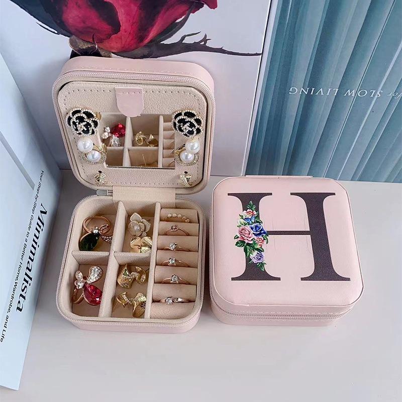 PU Leather Jewelry Box Mirror Storage Box 26 Letter Printed Portable Jewelry Organizer Earring Ring Necklace Case