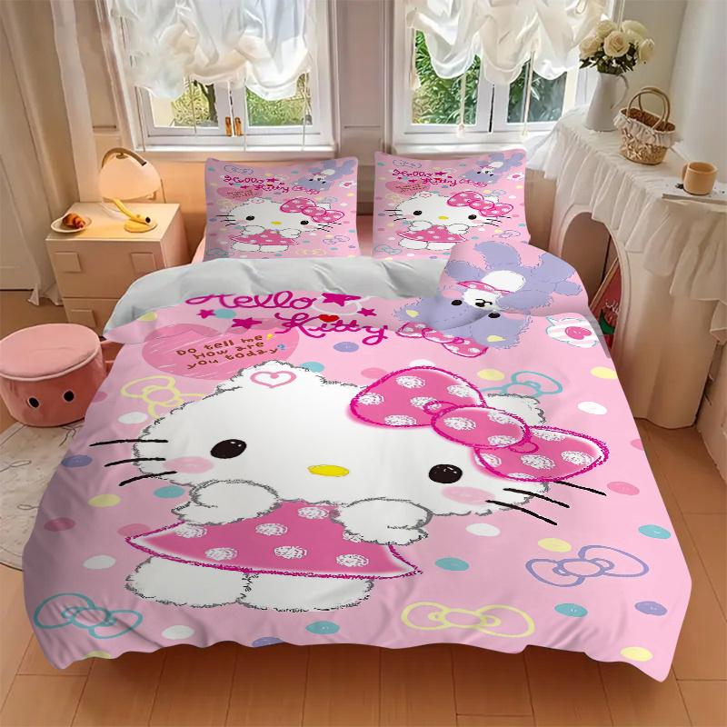 3pcs Hello Kitty's Pink Adventure Bedding Set 1 Soft Quilt Cover + 2 Pillowcases, Machine Washable Suitable for All Seasons, Perfect Gift S045